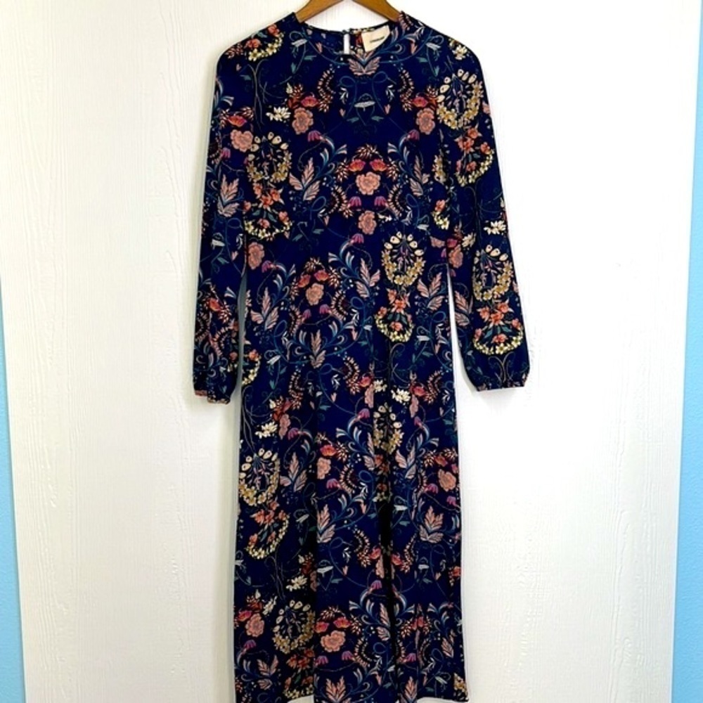 I.Madeline - Navy Garden Splendor Floral Midi Long Sleeve Dress Size Medium - Picture 6 of 12